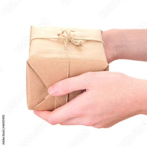 parcel box in woman hands, isolated on white