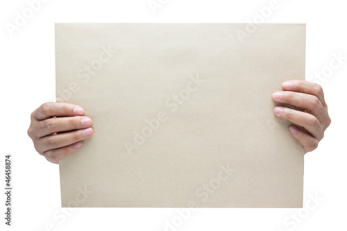 hand holding blank paper isolated on white background © comzeal