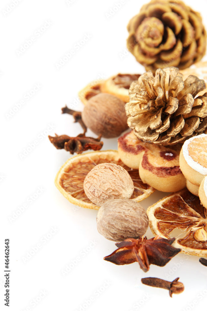 composition of christmas spices, isolated on white composition of christmas spices, isolated on white