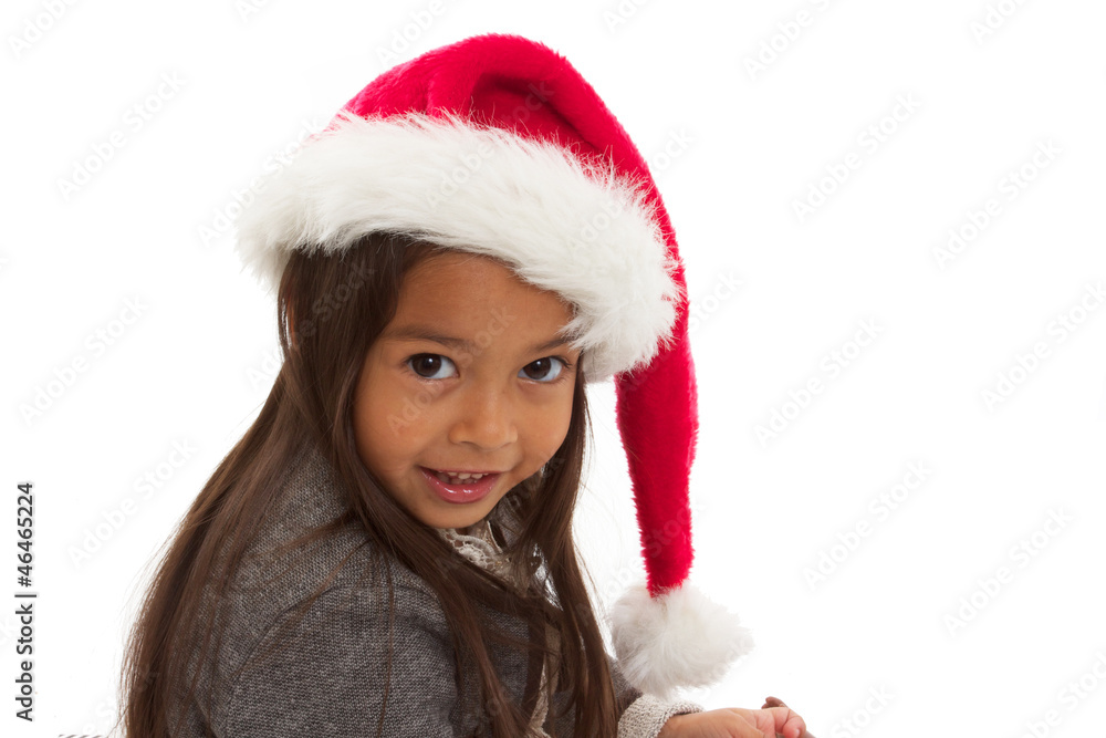 enfant avec bonnet de noël regarde le père noël enfant avec bonnet de noël regarde le père noël