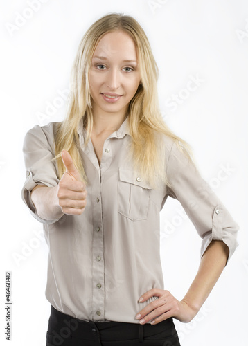 young beautiful business woman thumb up