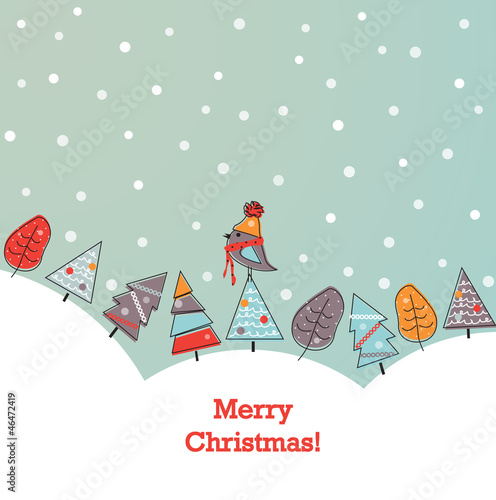 Christmas background with doodled trees and bird in scarf