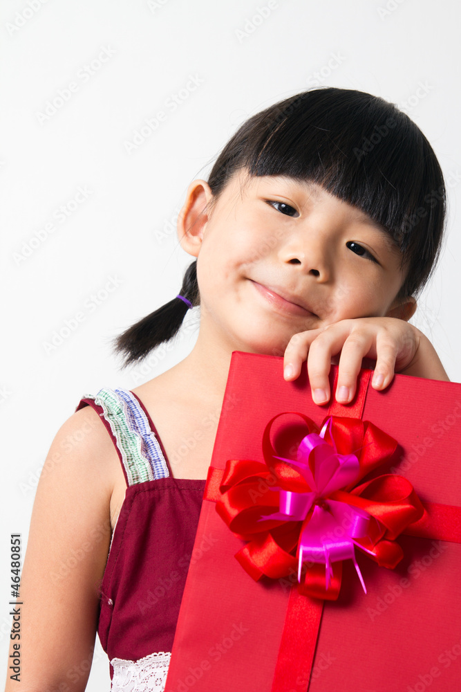 Asian child with red gift box Asian child with red gift box