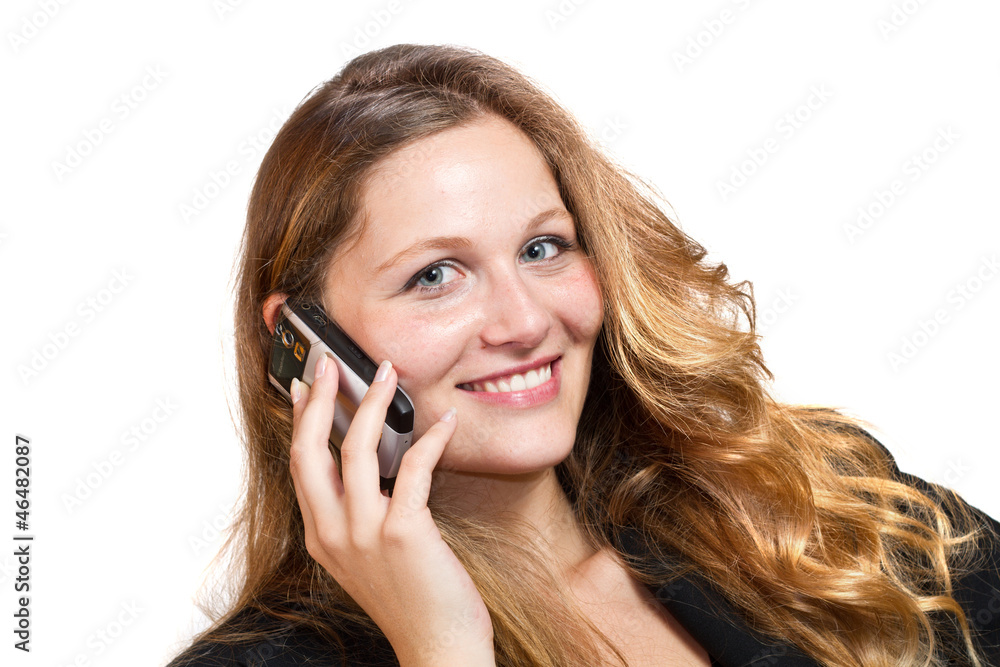 business woman on her mobile phone - isolated over a white backg business woman on her mobile phone - isolated over a white backg