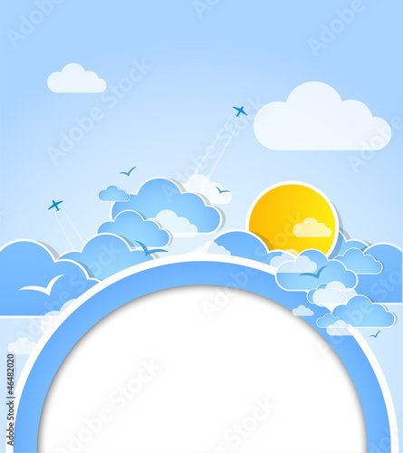 Good weather round background. Blue sky with clouds. Vector