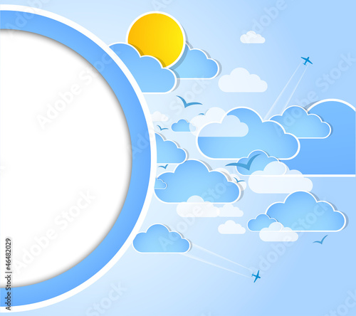Good weather round background. Blue sky with clouds. Vector