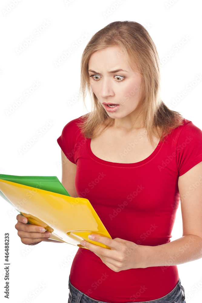 Student in shock. Surprising new. Studio a white background Student in shock. Surprising new. Studio a white background