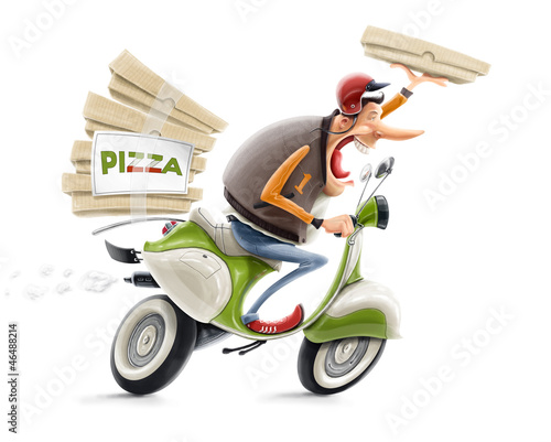 man delivering pizza on bicycle illustration isolated on white