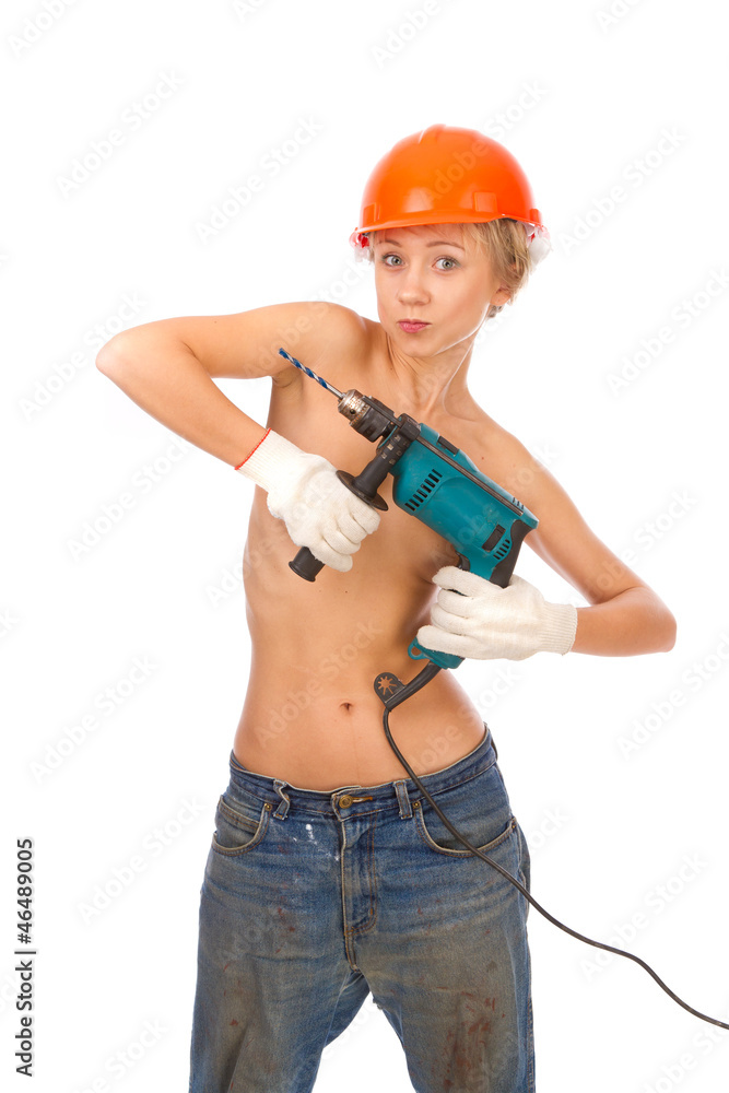 Half-naked girl in dirty jeans and gloves on a white background. Half-naked girl in dirty jeans and gloves on a white background.