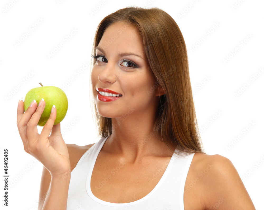 beautiful young woman with green apple, isolated on white beautiful young woman with green apple, isolated on white
