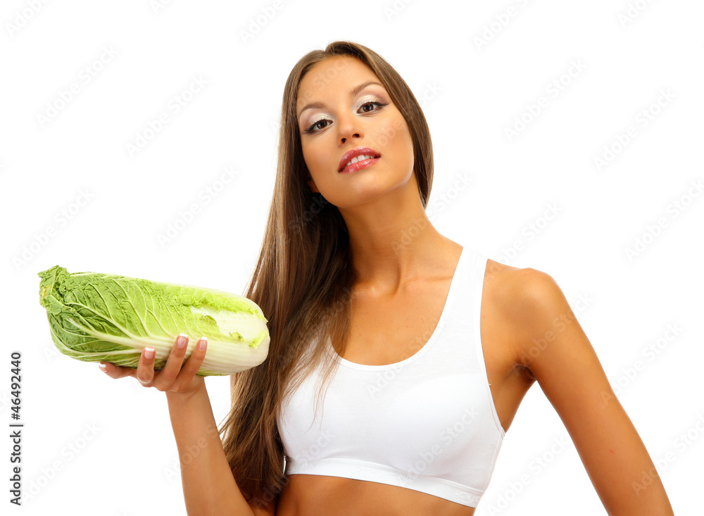 beautiful young woman with cabbage, isolated on white beautiful young woman with cabbage, isolated on white