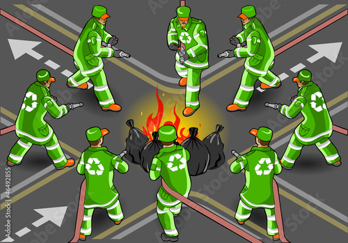 isometric set of street sweeper man in eight positions
