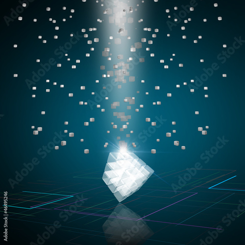 3d glass cube  made of block with flying small cube