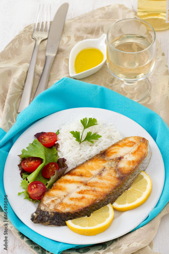 grilled perch with boiled rice and salad grilled perch with boiled rice and salad