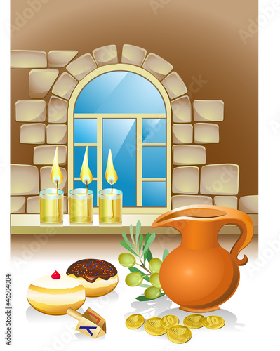 hanuka still life background with candles, donuts and window
