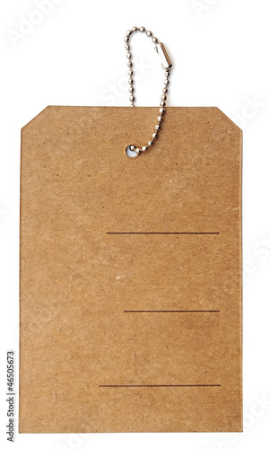 Cardboard price tag or sales label with string on white backgrou