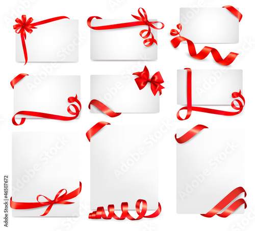 Set of beautiful cards with red gift bows with ribbons Vector