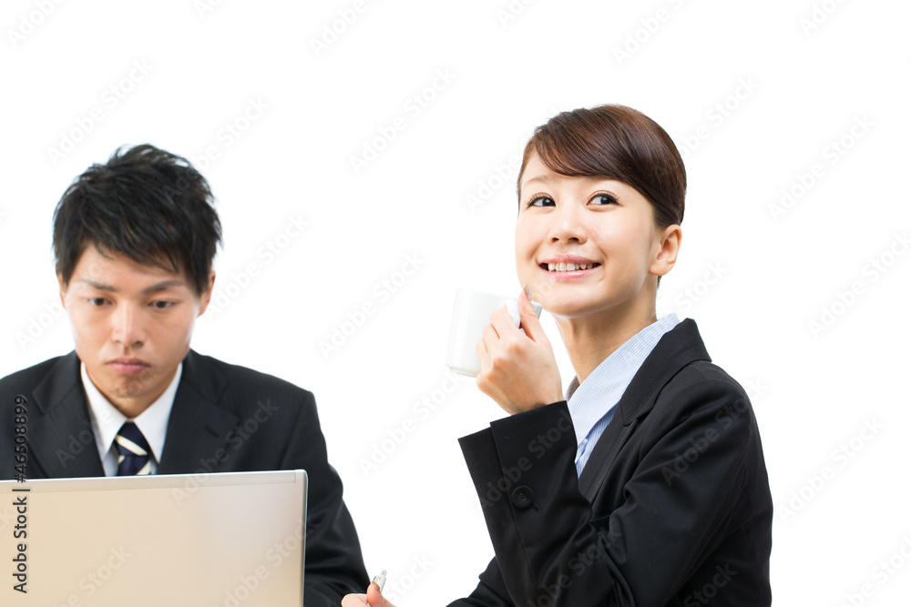 Young asian smiling businesswoman and businessman Young asian smiling businesswoman and businessman