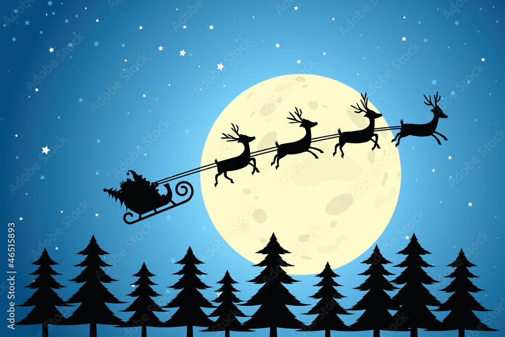Santa and Reindeer Flying Through the Night Sky