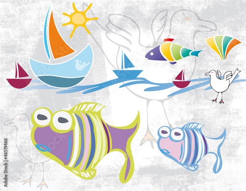 Sommer, Urlaub am Meer, Fische, Möven, Muscheln und Boote am Strand, deko, muster für Kindersachen, vektor, isoliert