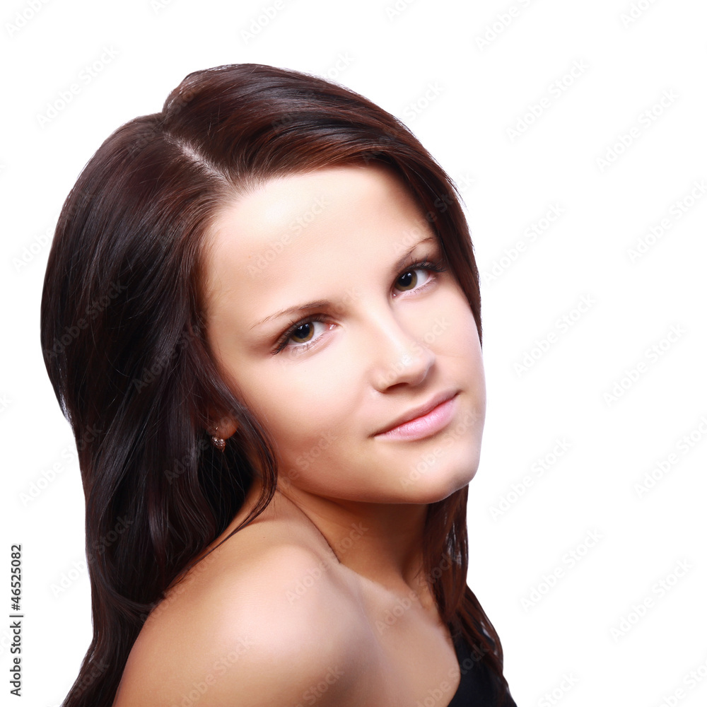 Portrait of young woman on a white background