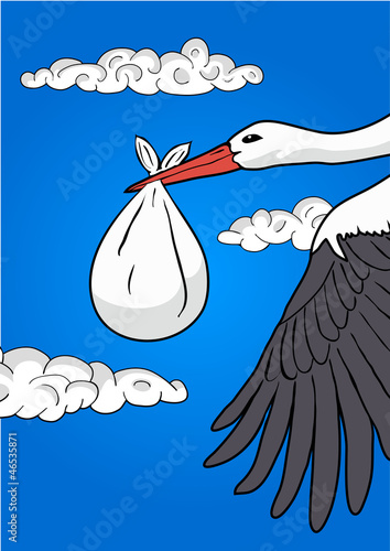 Flying stork with a bundle, vector illustration