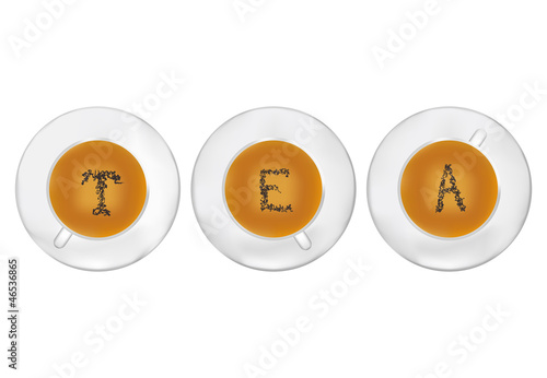 Three cups of tea with tea-leaf stilyzed as T E A letters