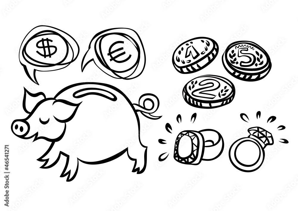 świnka skarbonka monety biżuteria ilustracja finansowa - obrazy, fototapety, plakaty 