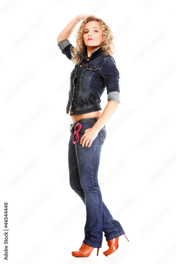Beautiful young woman blonde standing full body in jeans isolate Beautiful young woman blonde standing full body in jeans isolate