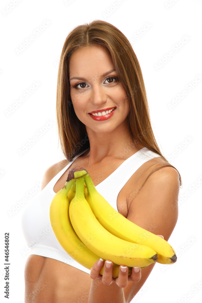 beautiful young woman with bananas, isolated on white beautiful young woman with bananas, isolated on white