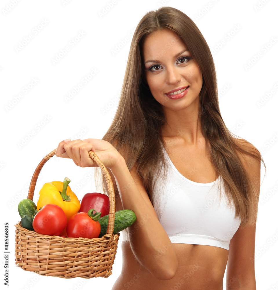 beautiful young woman with vegetables in basket, isolated beautiful young woman with vegetables in basket, isolated
