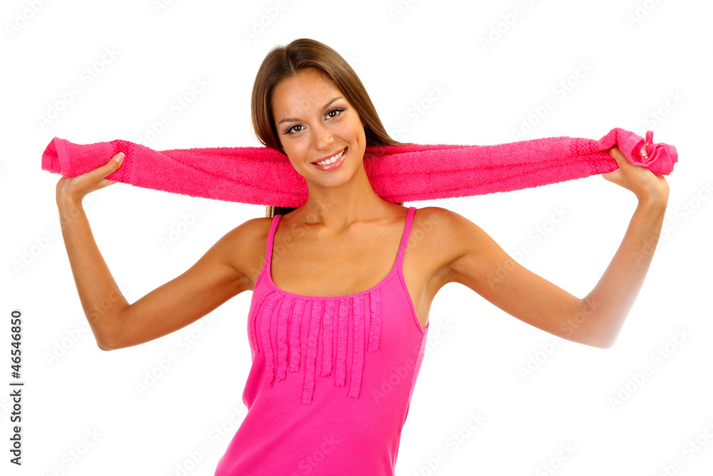 young smiling woman with towel isolated on white young smiling woman with towel isolated on white