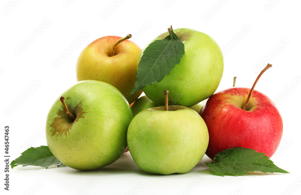 sweet apples with leaves, isolated on white sweet apples with leaves, isolated on white