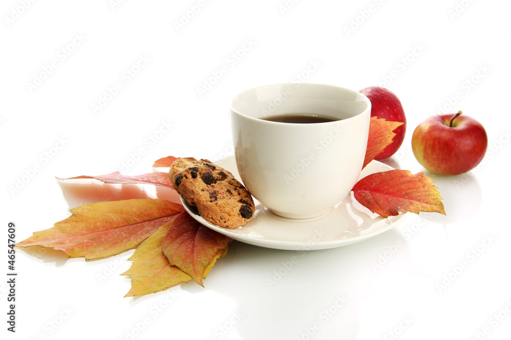 cup of hot tea and autumn leaves, isolated on white cup of hot tea and autumn leaves, isolated on white