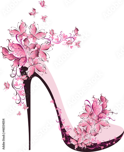 Shoes on a high heel decorated with butterflies #46554054