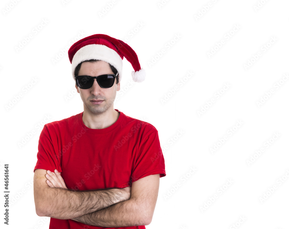 Serious young Santa with red Shirt and Sunglasses Serious young Santa with red Shirt and Sunglasses