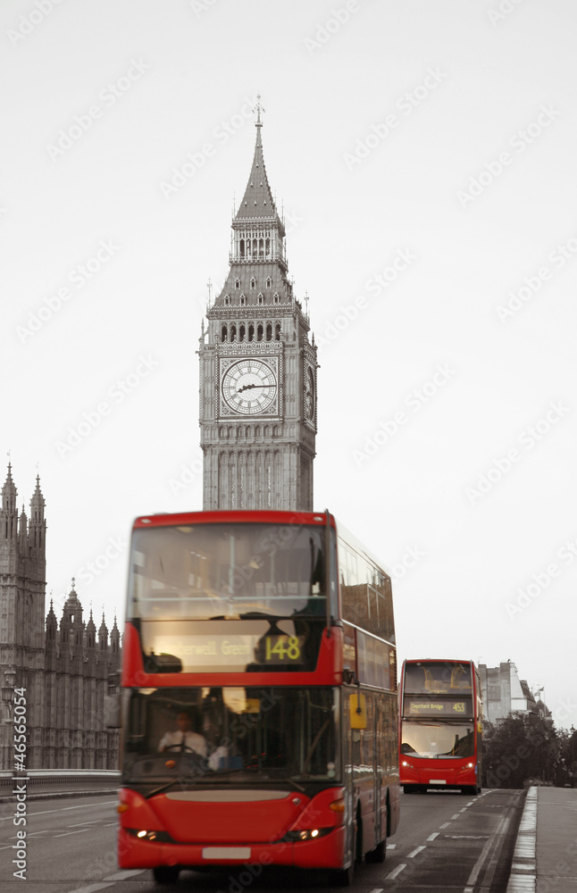 Obraz Double Decker Bus, Big Ben daleko w tyle