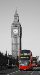 Papier peint photo Rouge, noir, blanc Bus impérial londonien et Big Ben  © Sampajano