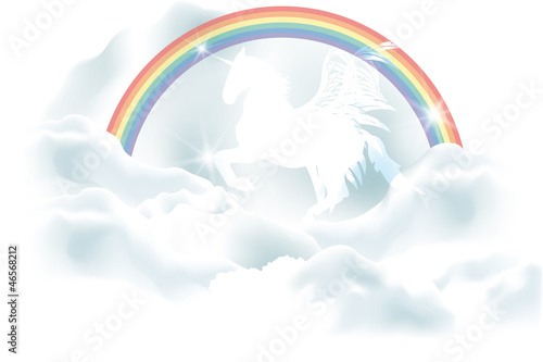 White unicorn in clouds under the rainbow