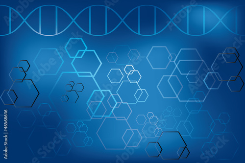 DNA strand and abstract atoms on light blue background