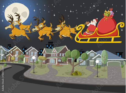 Santa Claus on sleigh with reindeer flying over suburb