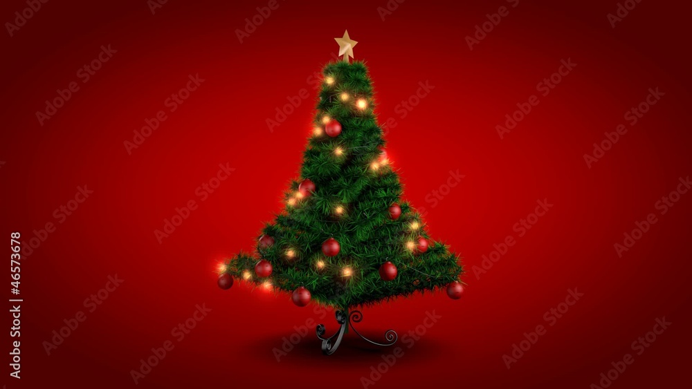 Rotating Christmas tree over red background Rotating Christmas tree over red background
