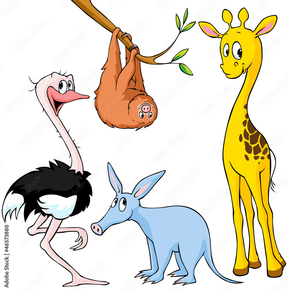 Fototapeta premium cute exotic animal - giraffe, sloth, ostrich and aardvark