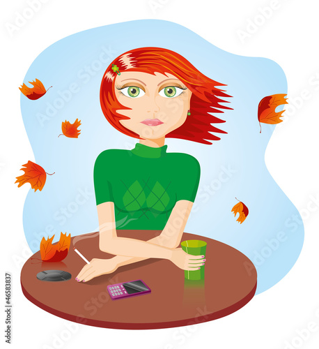 Vector illustration of a sad girl smoking at the table