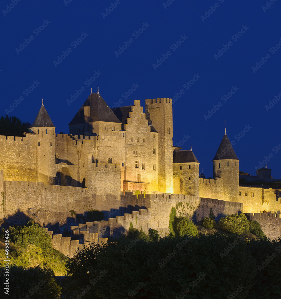 Medieval town of Carcassonne at night