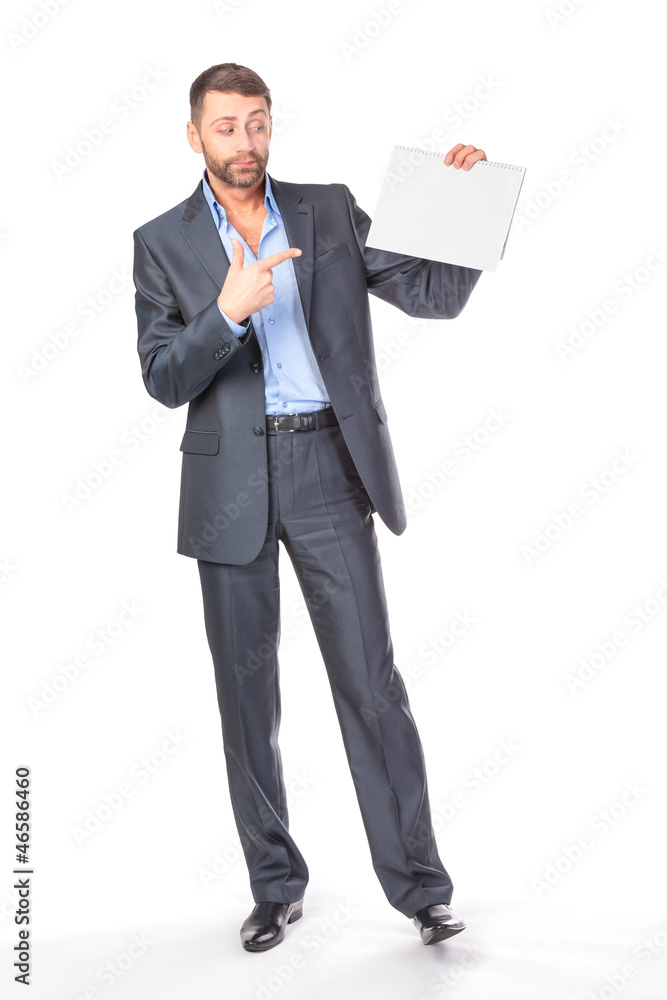 Full length portrait businessman showing an empty board to write Full length portrait businessman showing an empty board to write