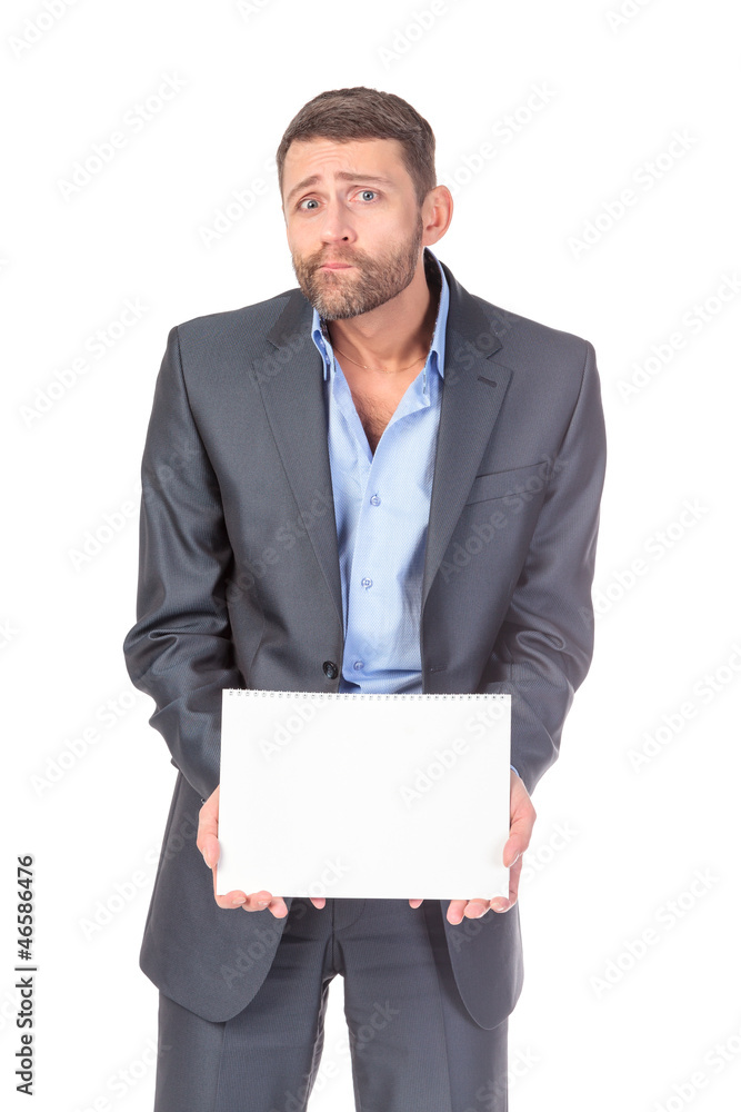 Portrait businessman showing an empty board to write Portrait businessman showing an empty board to write