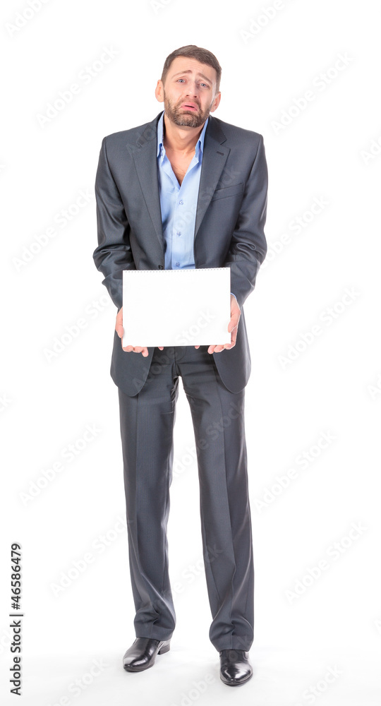Full length portrait businessman showing an empty board to write Full length portrait businessman showing an empty board to write