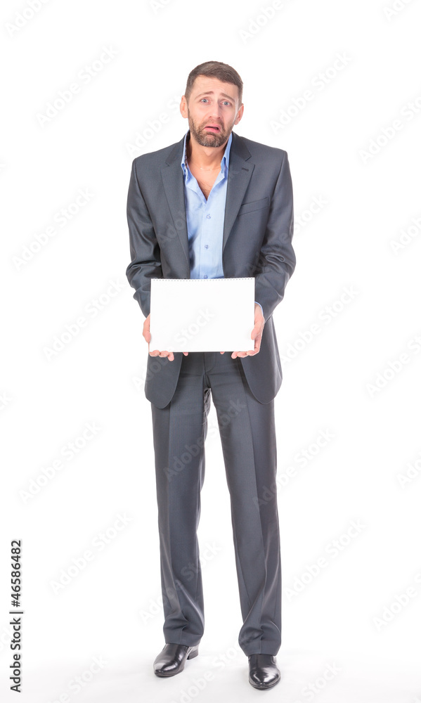 Full length portrait businessman showing an empty board to write Full length portrait businessman showing an empty board to write