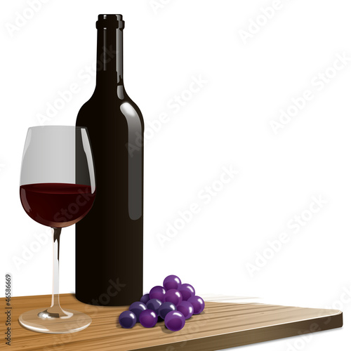 Red wine bottle, glass and grape